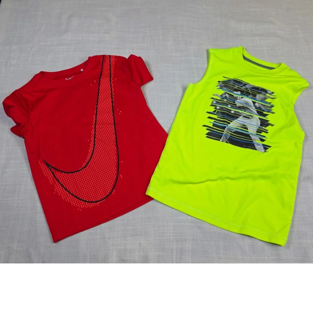 Nike Boys Dri-FIT Red Swoosh Shirt & Starter Neon Baseball Tank Bundle Size 4-5